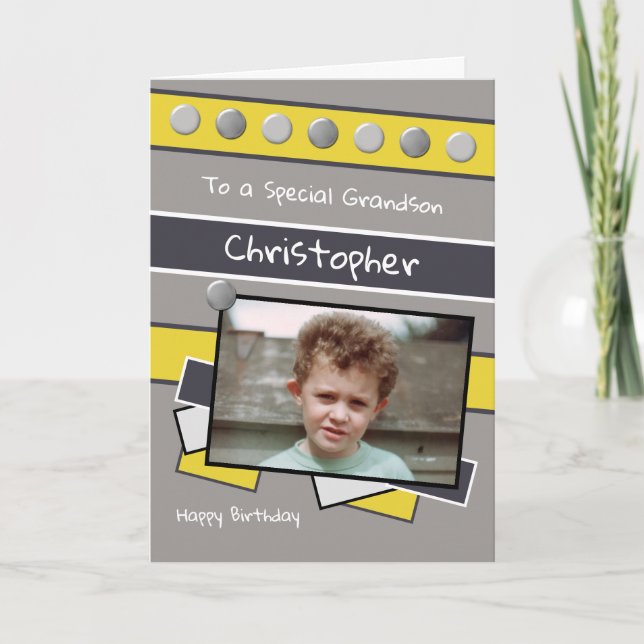 Carte Joyeux anniversaire Grandson gris et jaune photo (Devant)