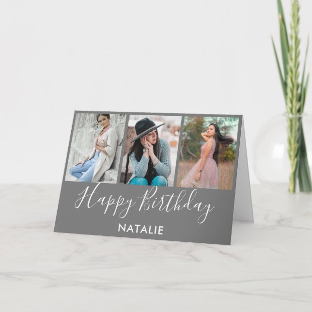 Carte Joyeux anniversaire gris et blanc 3 photo Collage (Devant)