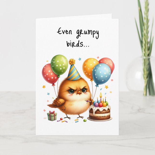 Carte Joyeux Anniversaire Grumpy Bird Cake Casquette de  (Devant)