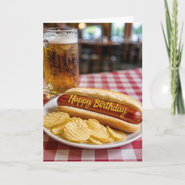 Carte Joyeux Anniversaire Humour Hot Dog et Bière (Devant)