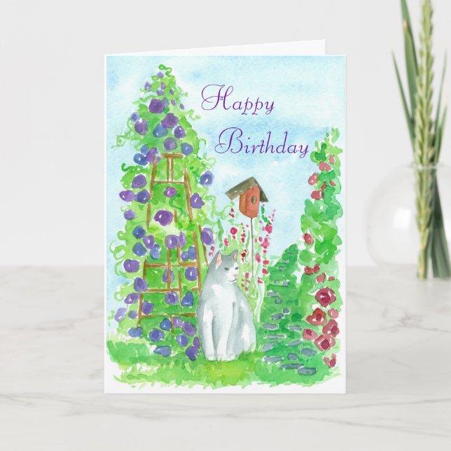 Carte Joyeux Anniversaire Jardin Chat Aquarelle Flower A (Devant)