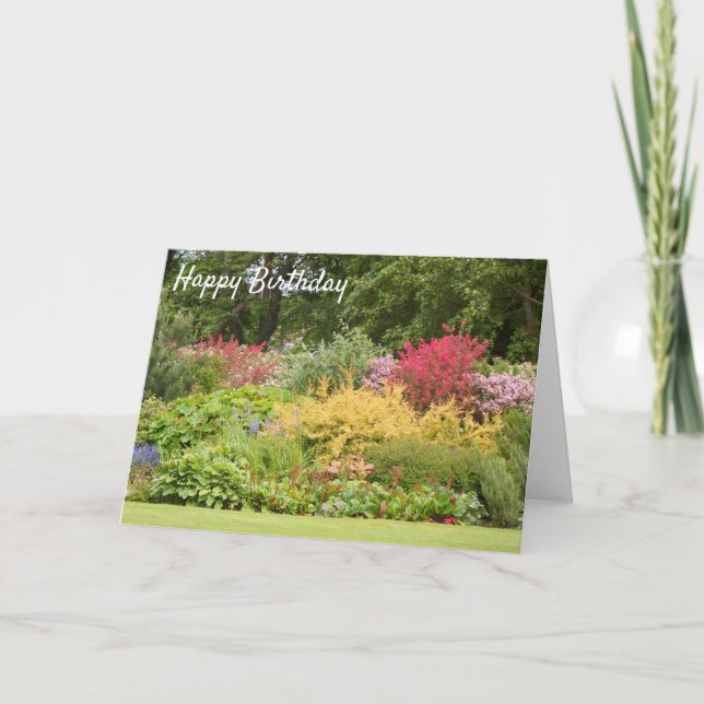 Carte Joyeux anniversaire : jardin fleuri écossais (Devant)