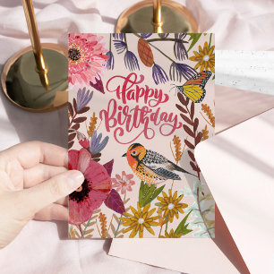 Carte Joyeux Anniversaire Jardin Floral d'Oiseaux et de
