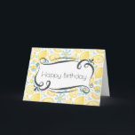 Carte Joyeux anniversaire jaune de citrons et de fleurs<br><div class="desc">Une carte d'anniversaire fraîche et fruitée. Un cadre lunatique de fantaisie sur l'avant tient le joyeux anniversaire de mots. L'intérieur a un message fait sur commande que vous pouvez changer ou laisser comme est. Conçu avec un motif étrange et mignon composé de citrons jaunes et de fleurs bleues en pastel...</div>
