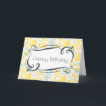 Carte Joyeux anniversaire jaune de citrons et de fleurs<br><div class="desc">Une carte d'anniversaire fraîche et fruitée. Un cadre lunatique de fantaisie sur l'avant tient le joyeux anniversaire de mots. L'intérieur a un message fait sur commande que vous pouvez changer ou laisser comme est. Conçu avec un motif étrange et mignon composé de citrons jaunes et de fleurs bleues en pastel...</div>