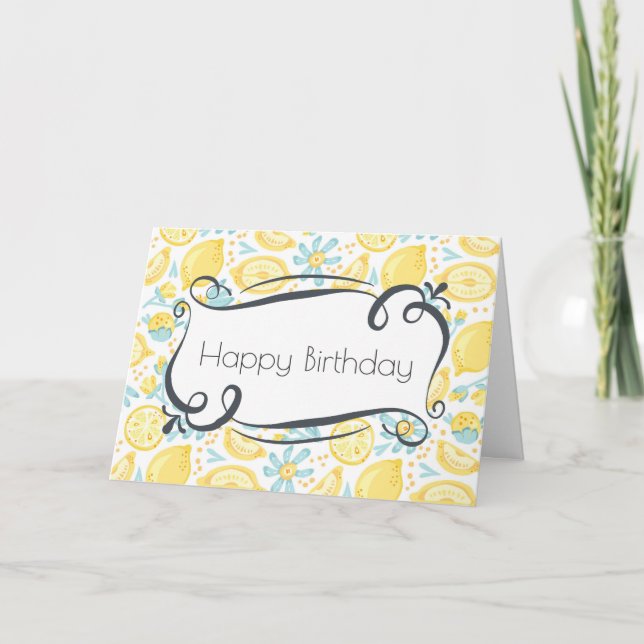 Carte Joyeux anniversaire jaune de citrons et de fleurs (Devant)