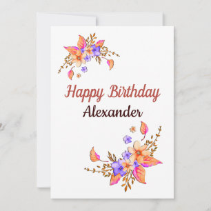 Carte Joyeux Anniversaire Jaune Fleurs pourpres Aquarell