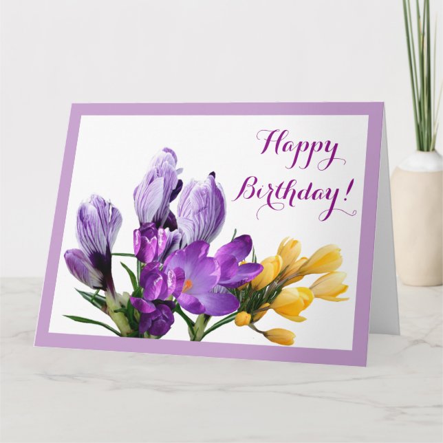 Carte Joyeux Anniversaire joli crocus jaune violet fleur (Devant)