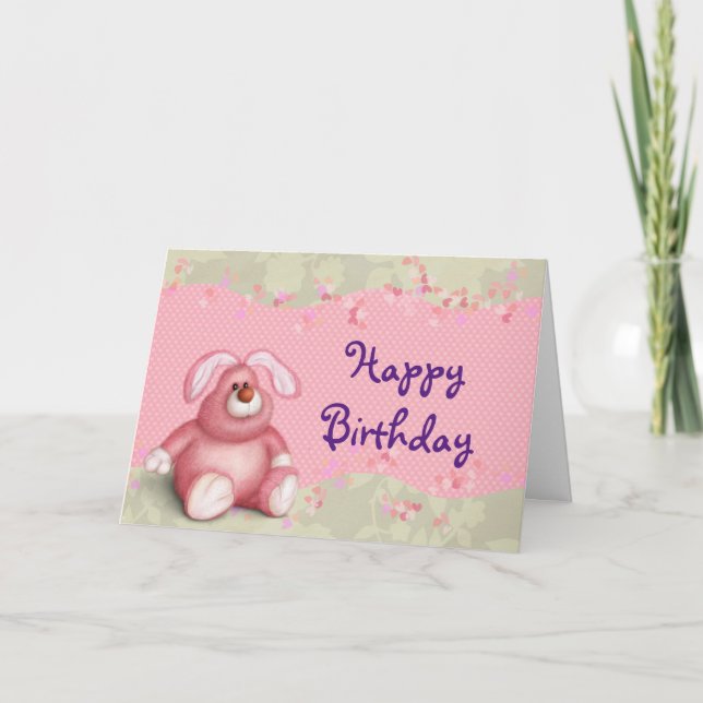 Carte Joyeux Anniversaire Joli Lapin Rose Avec Coeurs (Devant)