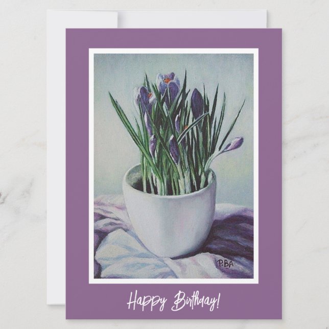 Carte Joyeux anniversaire jolie crocus violet art floral (Devant)