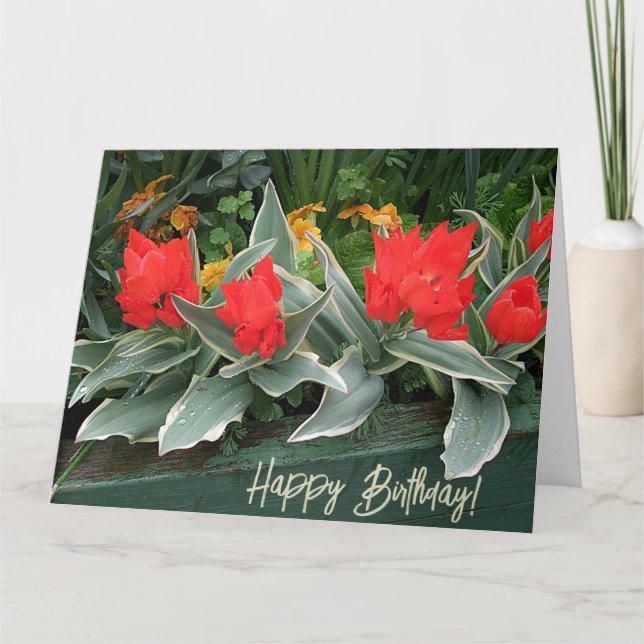 Carte Joyeux anniversaire jolie tulipes rouges vert flor (Devant)