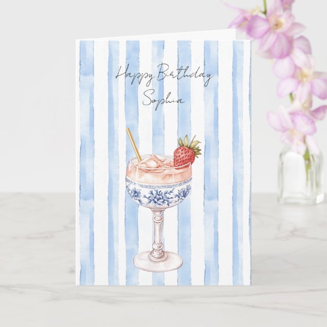 Carte Joyeux Anniversaire jolies rayures blanches bleues (Orchidée)