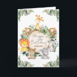 Carte Joyeux Anniversaire Jungle Safari Animaux<br><div class="desc">Magnifique carte de voeux safari avec un groupe d'adorables animaux de la jungle et une végétation botanique luxuriante</div>