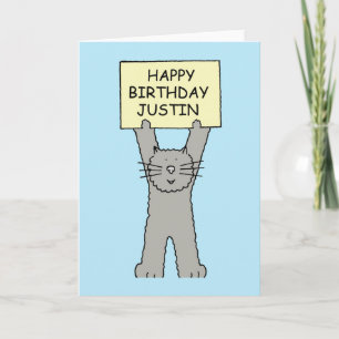 Carte Joyeux anniversaire Justin, chat de bande dessinée