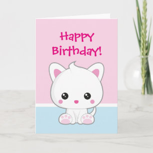 Carte Joyeux anniversaire Kawaii Chat blanc
