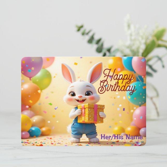 Carte Joyeux anniversaire lapin 3D mignon (Debout devant)