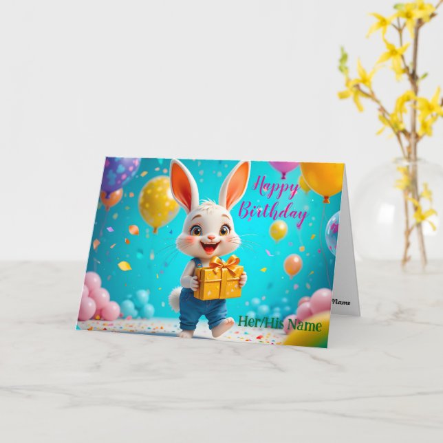 Carte Joyeux Anniversaire Lapin Mignon  (Fleur jaune)