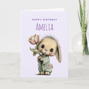Carte Joyeux Anniversaire Lapin Mignon Tenant une Tulipe