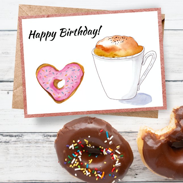 Carte Joyeux Anniversaire Latte Donut Rose (A donut with a Cappuccino is all you need to wish someone a Happy Birthday!)