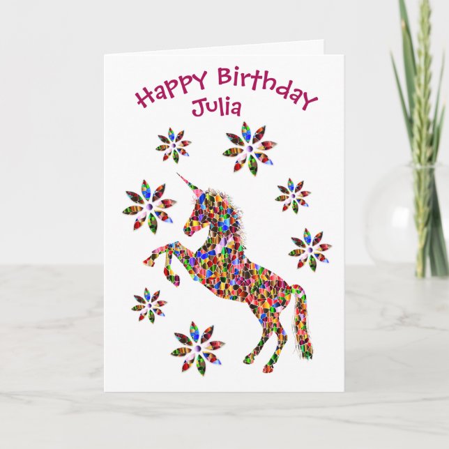 Carte Joyeux Anniversaire Magique Unicorn Flower Personn (Devant)