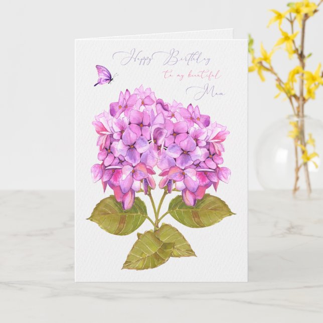 Carte Joyeux anniversaire maman Hydrangeas et papillon (Fleur jaune)