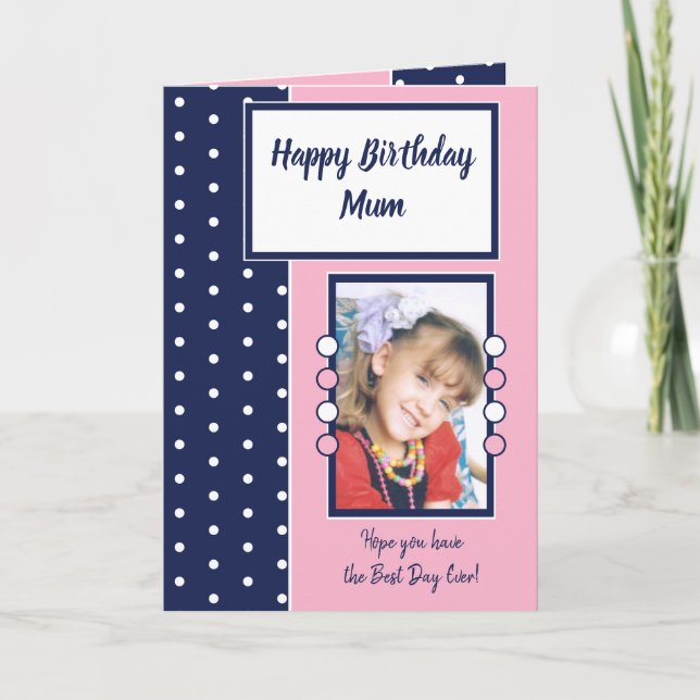 Carte Joyeux anniversaire maman marine et photo rose (Devant)