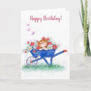 Carte Joyeux anniversaire, mignon chat en brouette