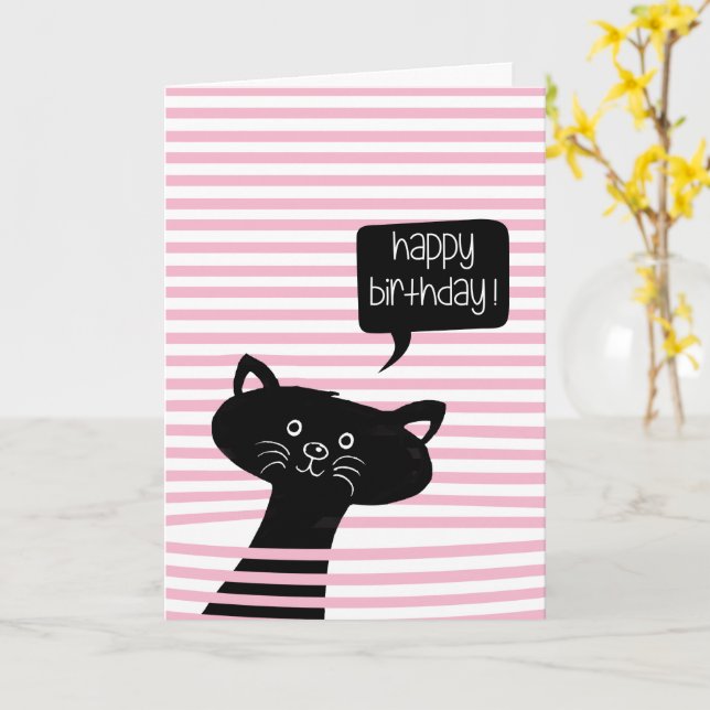 Carte Joyeux Anniversaire mignon Chat noir (Fleur jaune)
