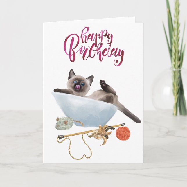 Carte Joyeux Anniversaire Mignon Chat Siamois Aquarelle (Devant)
