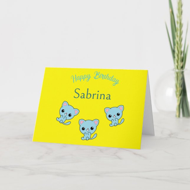 Carte Joyeux anniversaire mignon chatons bleu bondissant (Devant)