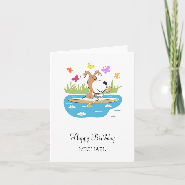 Carte Joyeux anniversaire mignon chien chiot Kayak Kayak (Devant)