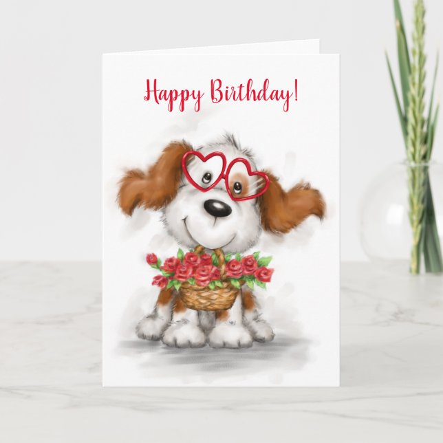 Carte Joyeux anniversaire, mignon chien tenant panier de (Devant)