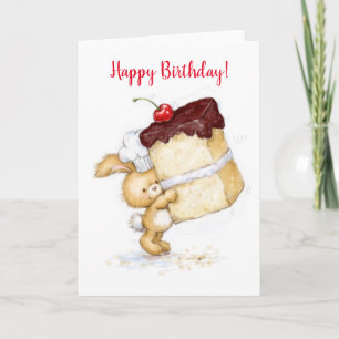 Carte Joyeux anniversaire, mignon lapin tenant un énorme