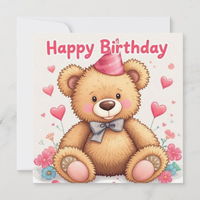 Carte Joyeux Anniversaire mignon Ours Teddy aux Coeurs R (Devant)
