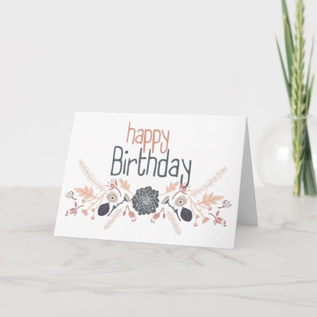 Carte Joyeux Anniversaire Motif Floral Bleu Gris Pêche (Devant)