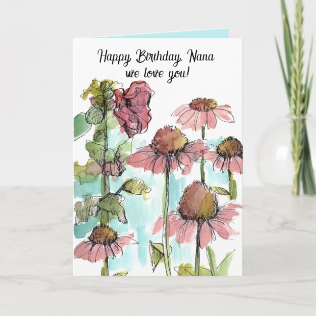 Carte Joyeux anniversaire Nana rose Fleur sauvage aquare (Devant)
