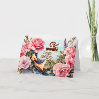 Carte Joyeux Anniversaire Nautique, Ancre, Roses Roses 