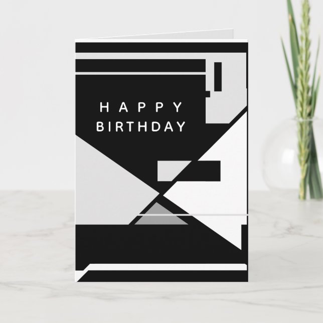 Carte Joyeux anniversaire noir blanc gris rétro MCM look (Devant)