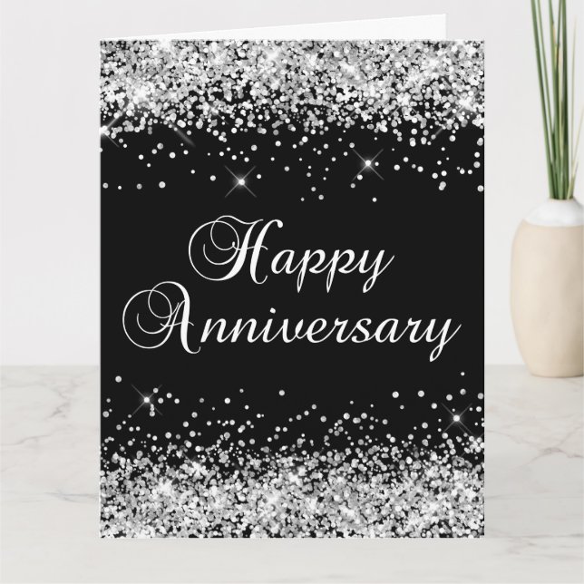 Carte Joyeux Anniversaire Noir Paillettes Argentées (Devant)
