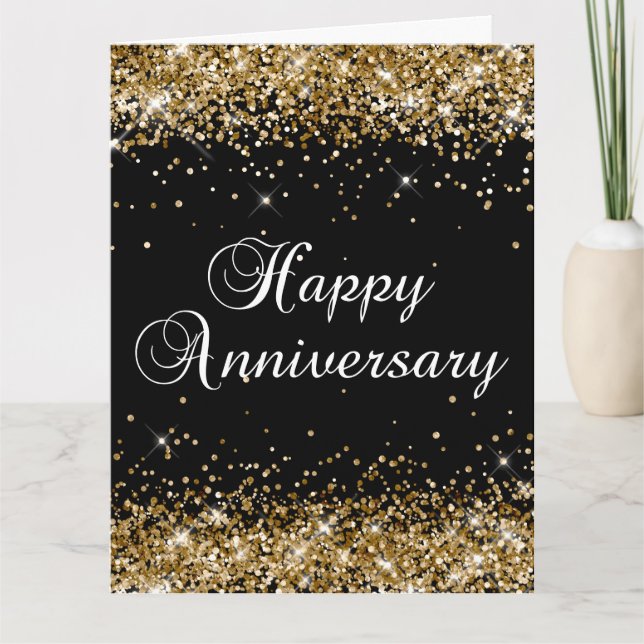 Carte Joyeux Anniversaire Noir Paillettes Dorées (Devant)