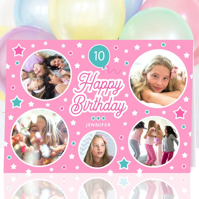 Carte Joyeux Anniversaire Nom Age Photo Collage rose vif (Créateur téléchargé)