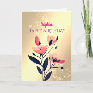 Carte Joyeux Anniversaire, Nom, Fleurs sur Or