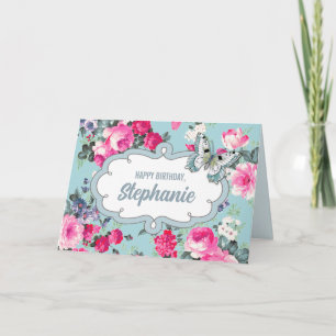 Carte Joyeux anniversaire. Nom personnalisé   Fleurs et 