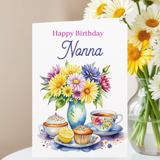 Carte Joyeux Anniversaire Nonna | Fleurs et Cupcakes (Créateur téléchargé)
