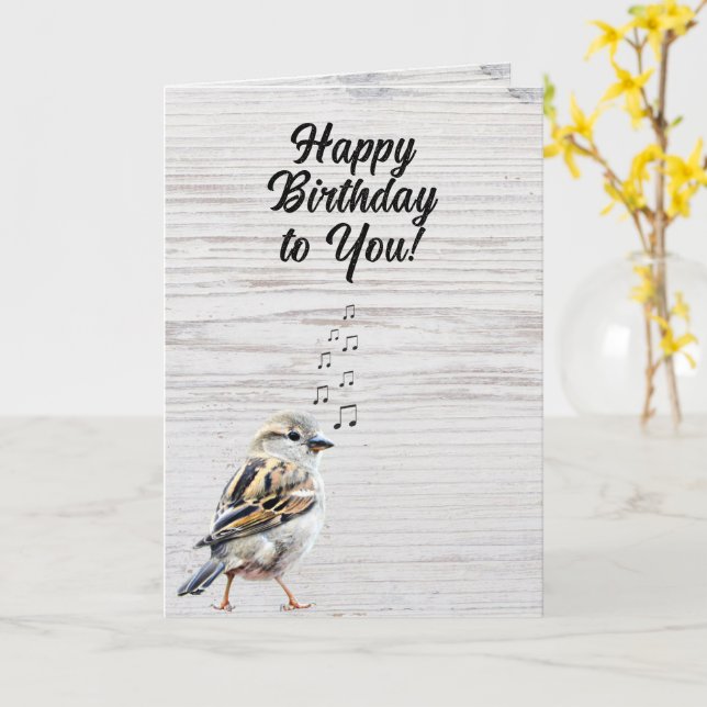 Carte Joyeux Anniversaire Oiseau Chantant Grain de Bois  (Fleur jaune)
