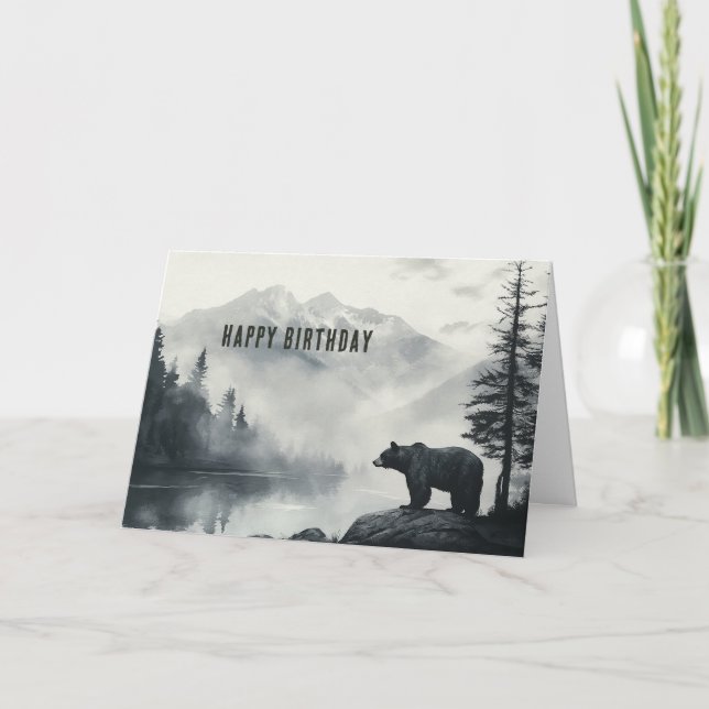 Carte Joyeux Anniversaire Ours Noir Rustique Lac de Mont (Devant)