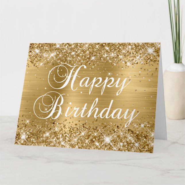 Carte Joyeux Anniversaire Pailleté Or Feuille du Groupe (Devant)