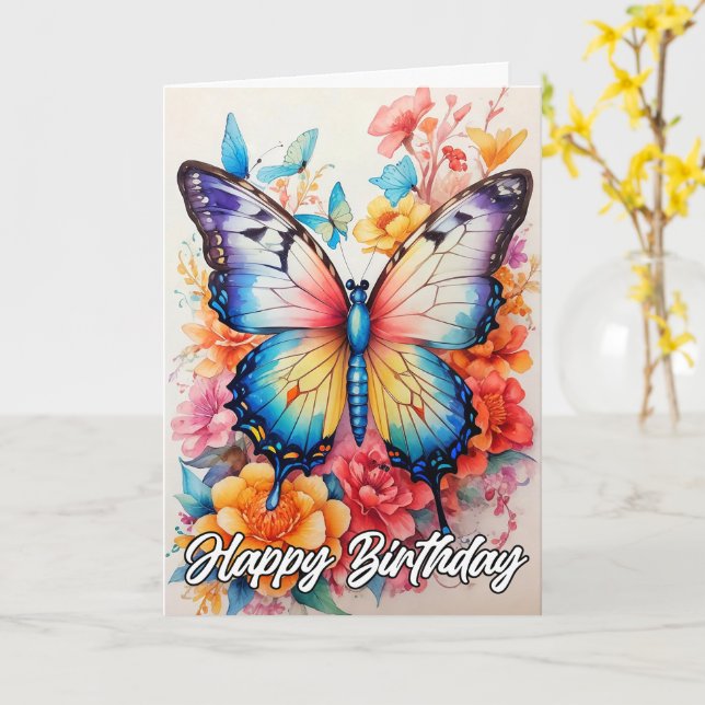 Carte Joyeux anniversaire | Papillon artistique vibrant (Fleur jaune)