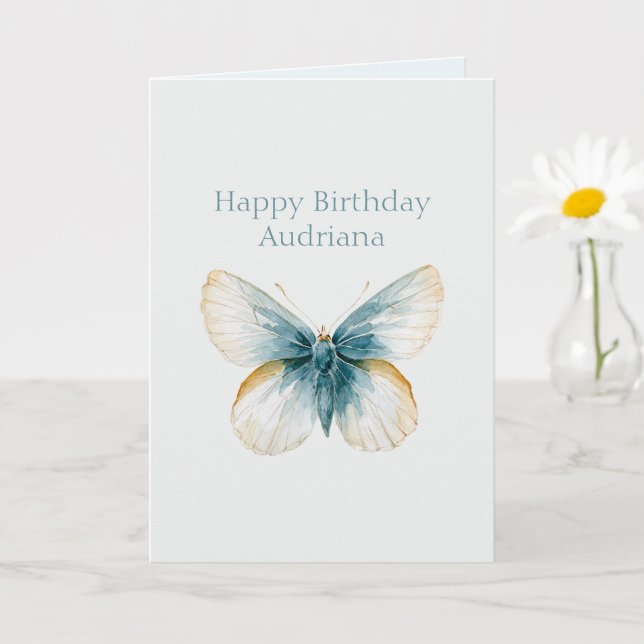 Carte Joyeux Anniversaire Papillon Crème Bleu Joli (Petite plante)