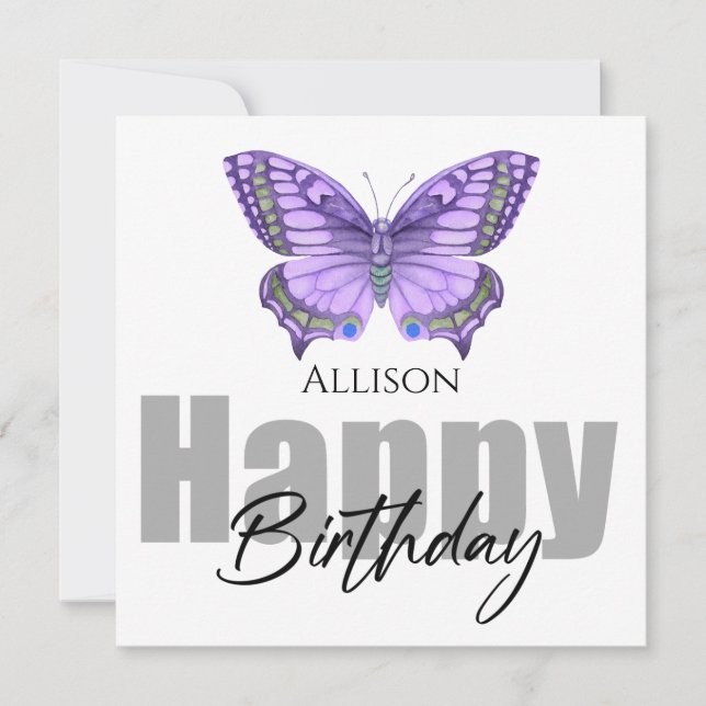 Carte Joyeux Anniversaire Papillon pourpre Nom personnal (Devant)